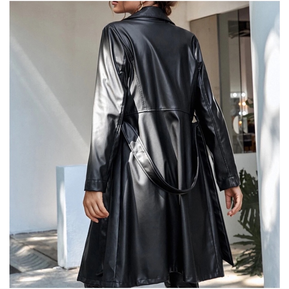 Luxe Black Vegan Leather belted Jacket Coat - Picture 5 of 6